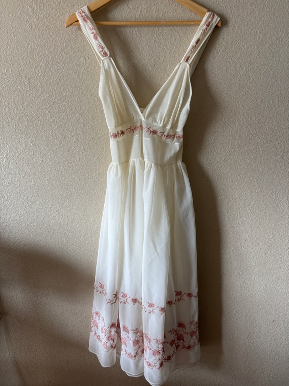Vintage Cream Floral Embroidered Midi Dress Cottagecore Slip Dress S